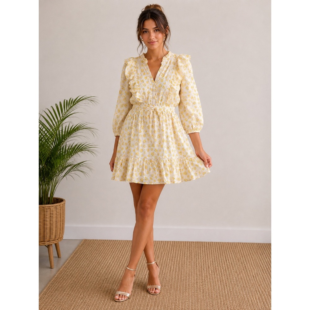 Nobody's Child Floral Mini Dress US 10 Yellow Cottagecore Ruffle Cotton